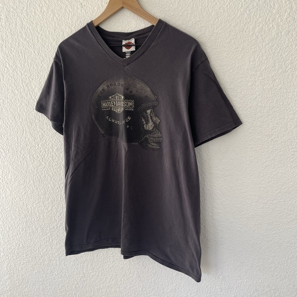 Harley Davidson Shirt Mens Sz XL Gray Helmet Skull Tee Grunge Biker Motorcycles - Picture 2 of 16